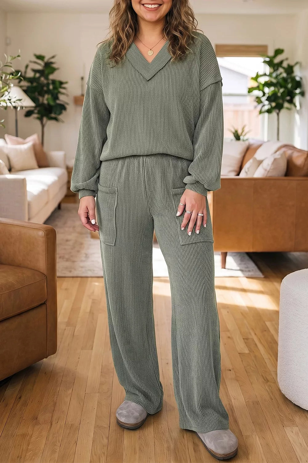 sage green lounge set with ribbed and v-neck