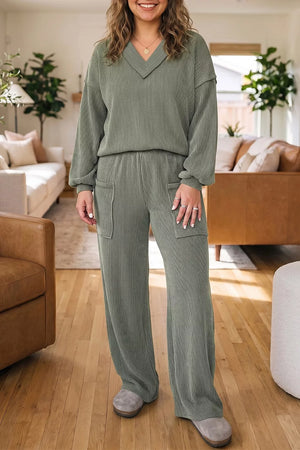 sage green lounge set with ribbed and v-neck