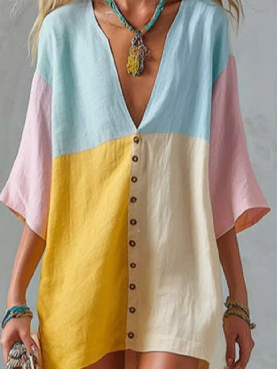 Color Block V-neck Mini Dress in Yellow