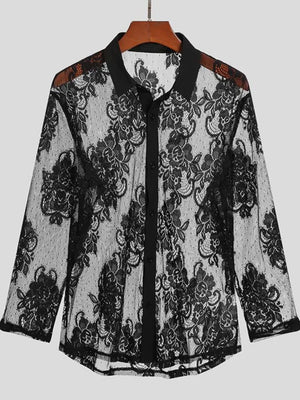 Black sheer floral embroidered button-down shirt with lace details