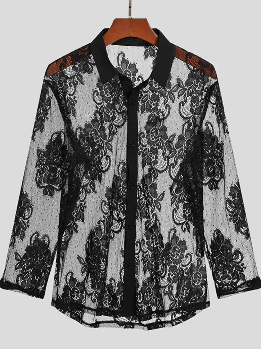 Black sheer floral embroidered button-down shirt with lace details
