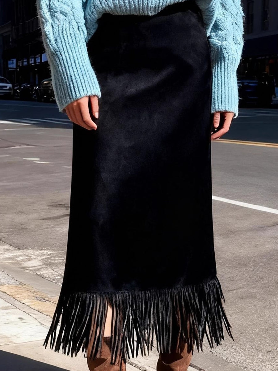 midi skirt in Dark Blue with fringe and midi
