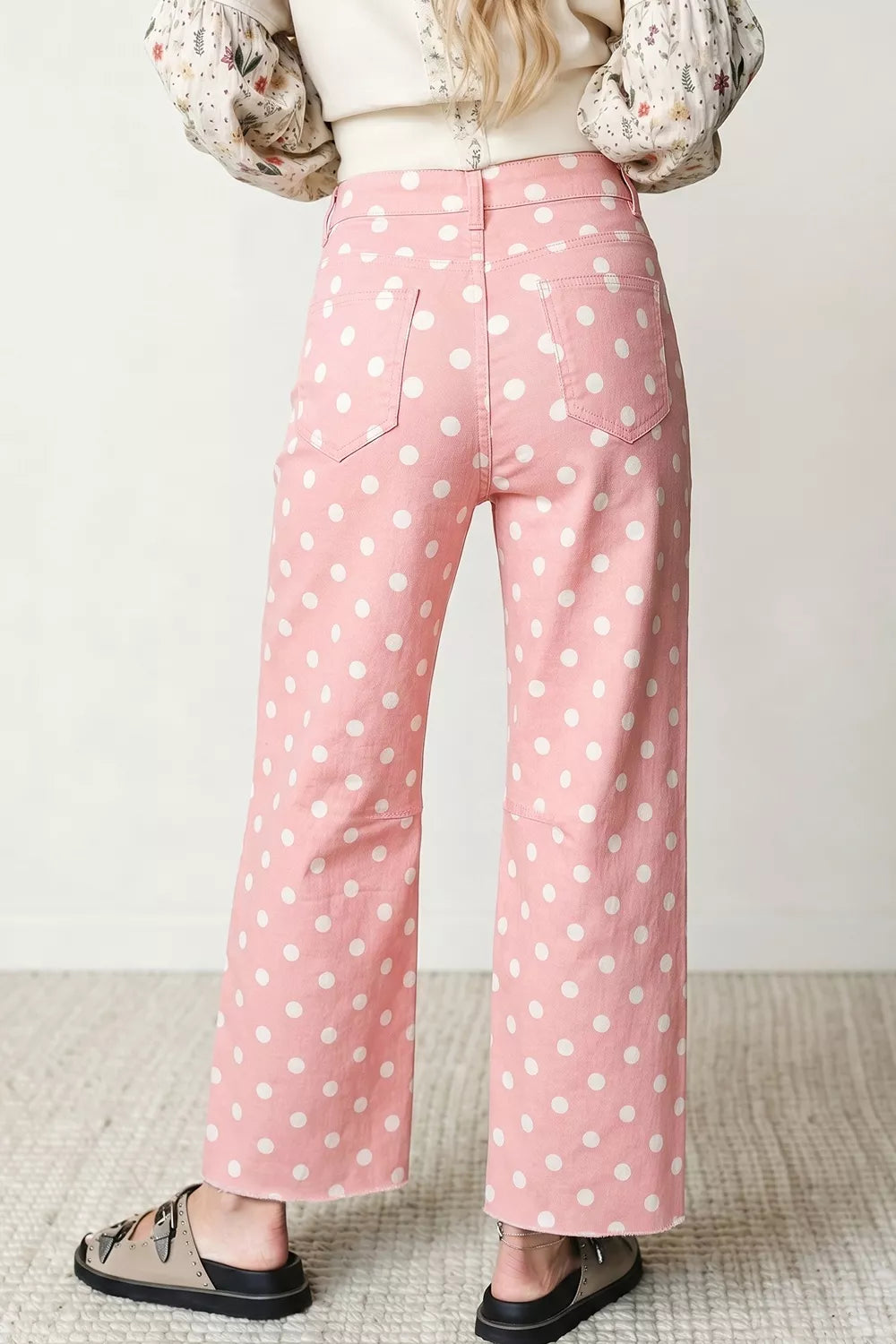 Polka Dot Wide Leg Jeans in Blush Pink