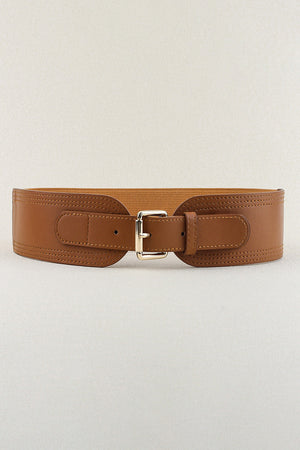 Caramel leather belt with elasticated back and gold buckle detail