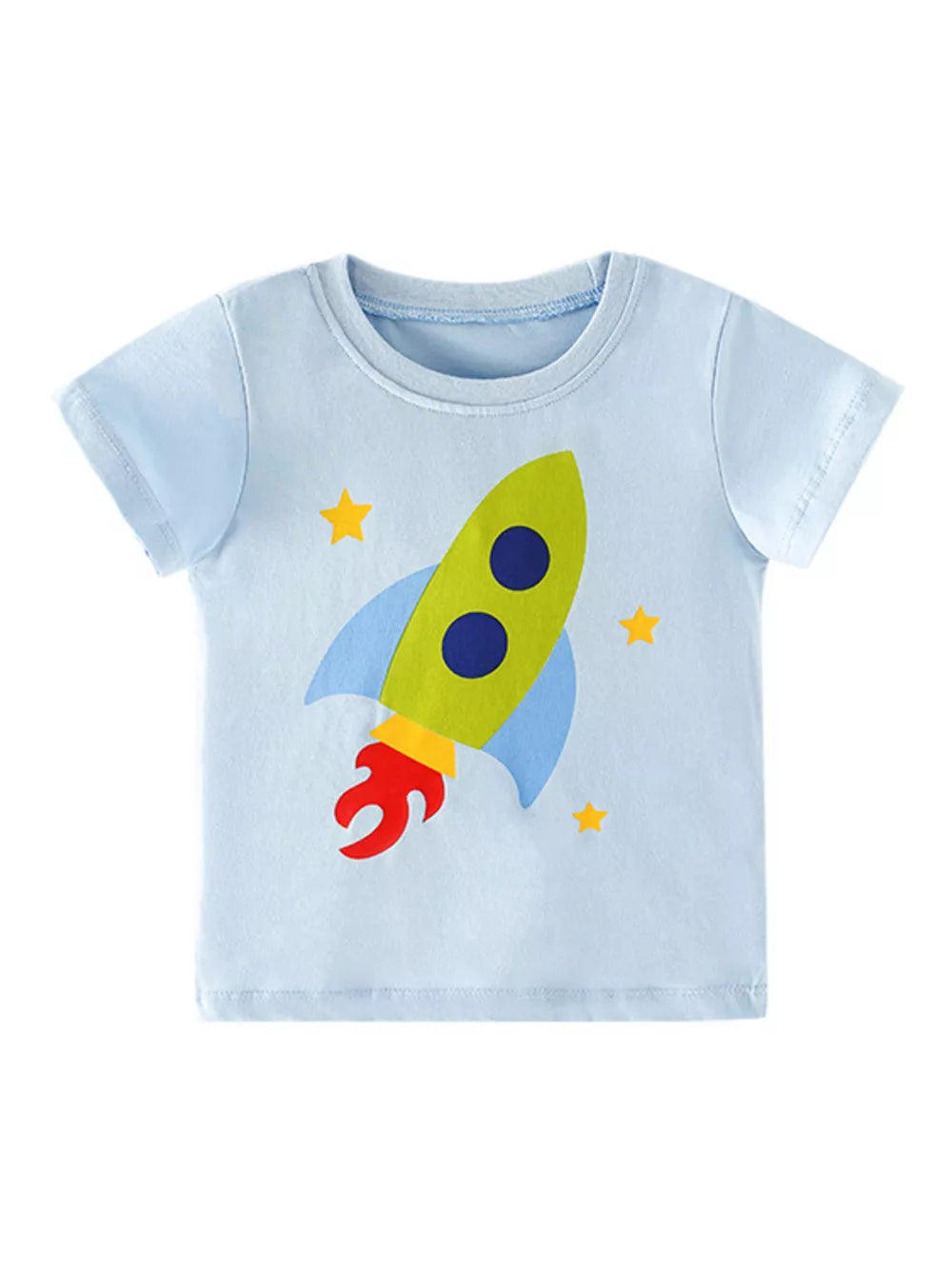 Light blue short sleeve t-shirt with a green rocket graphic and yellow stars.