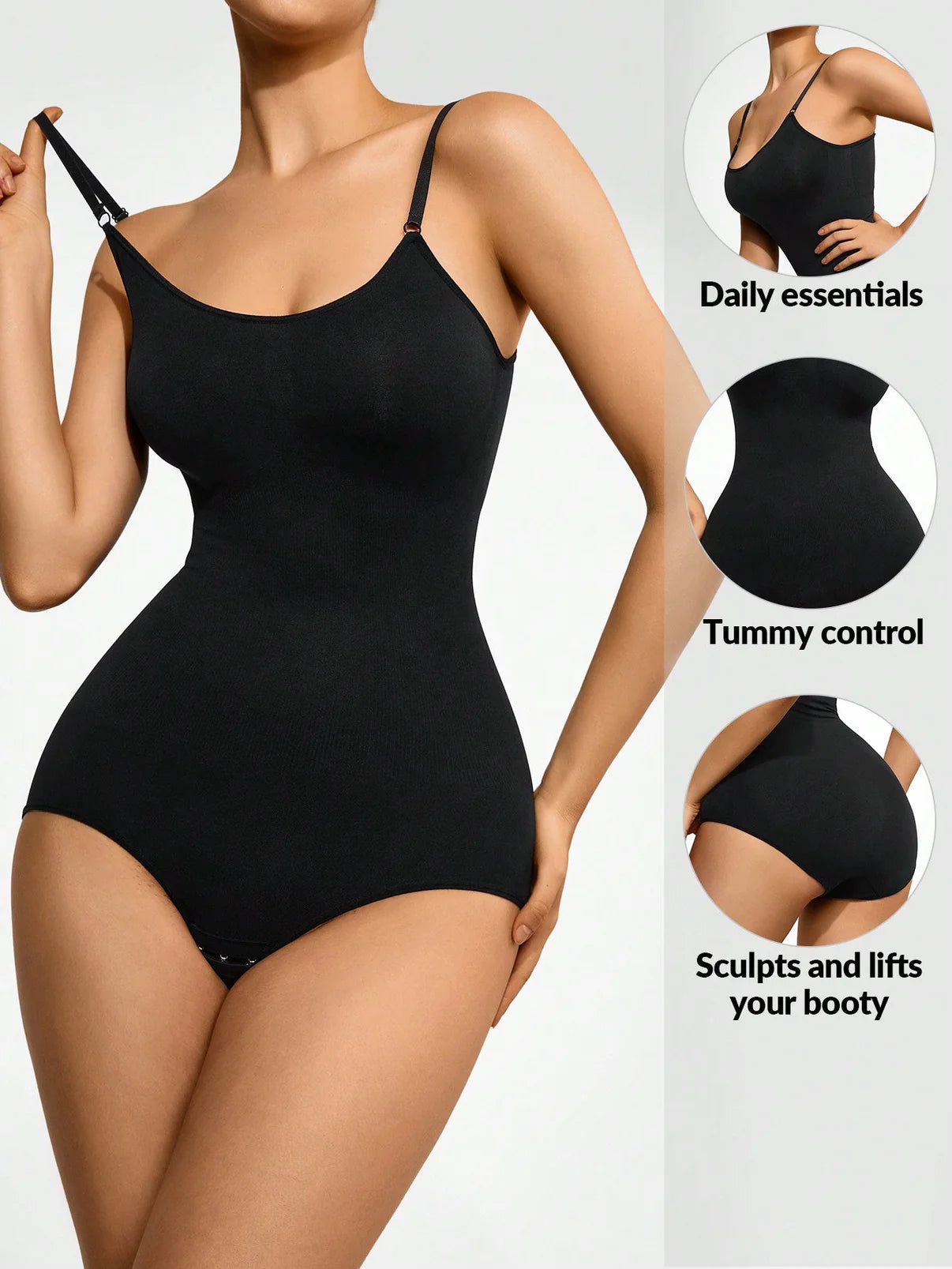 Black ribbed contour shaping bodysuit with adjustable spaghetti straps and full coverage bottom.