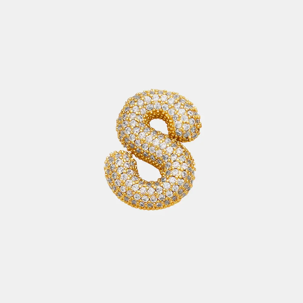 Puffed gold initial S necklace with clear zirconia stones