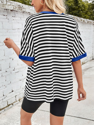 Striped Breton tee with royal blue trim and neckline.