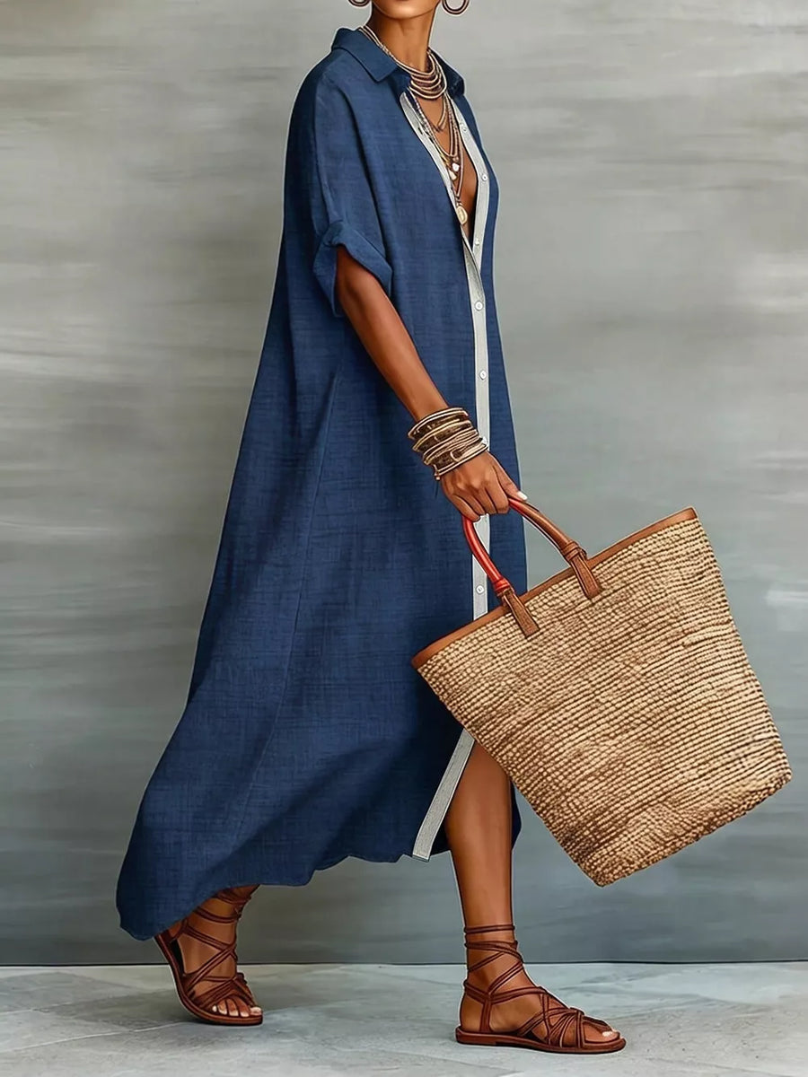 Casual Linen Shirt Dress With Button-down Front in Cerulean with buttoned