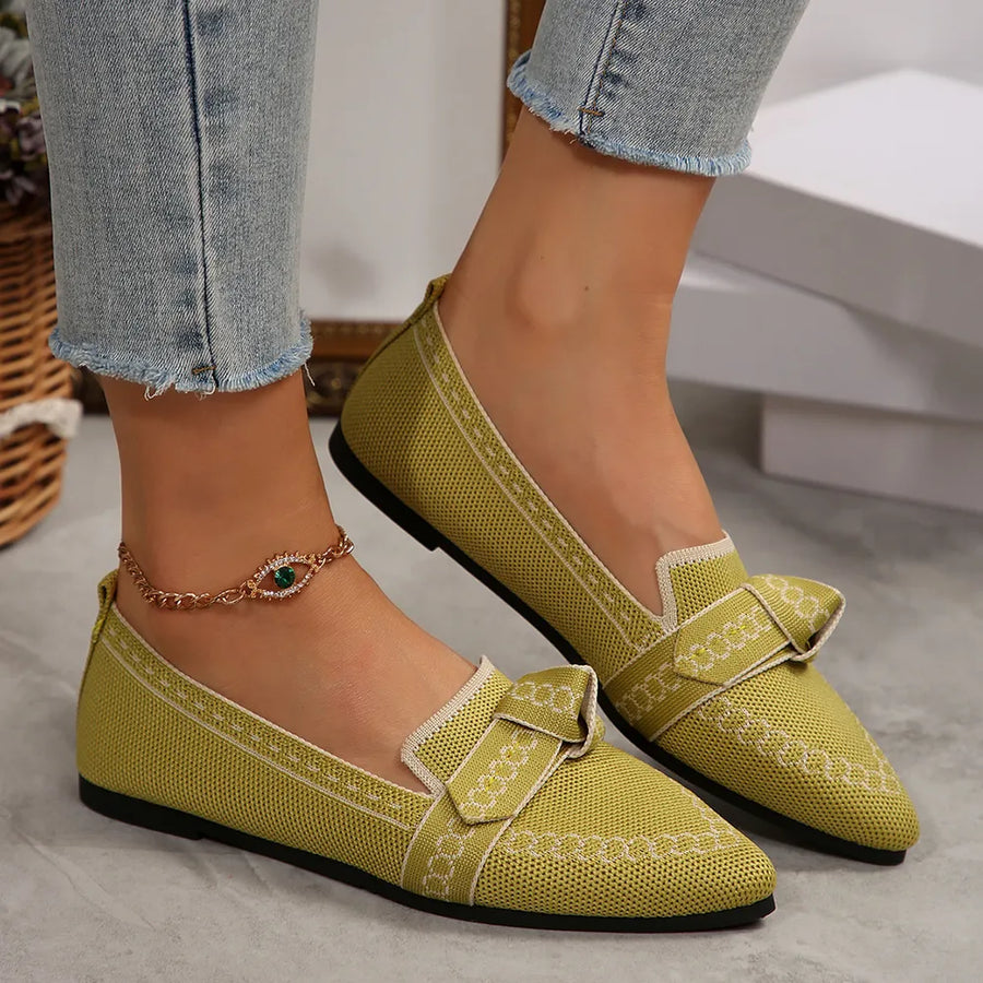 Chartreuse knit pointed flats with chain-stitched bow detail and trim.