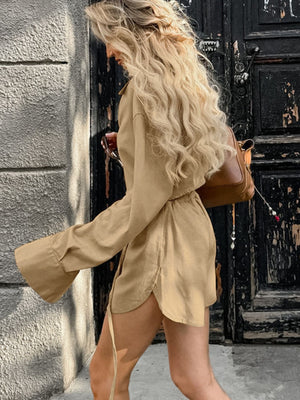Tan cotton cropped long sleeve top and shorts set with a collared neckline and drawstring waist.