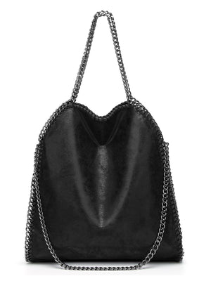 Chain-Trimmed PU Leather Shoulder Bag in Black