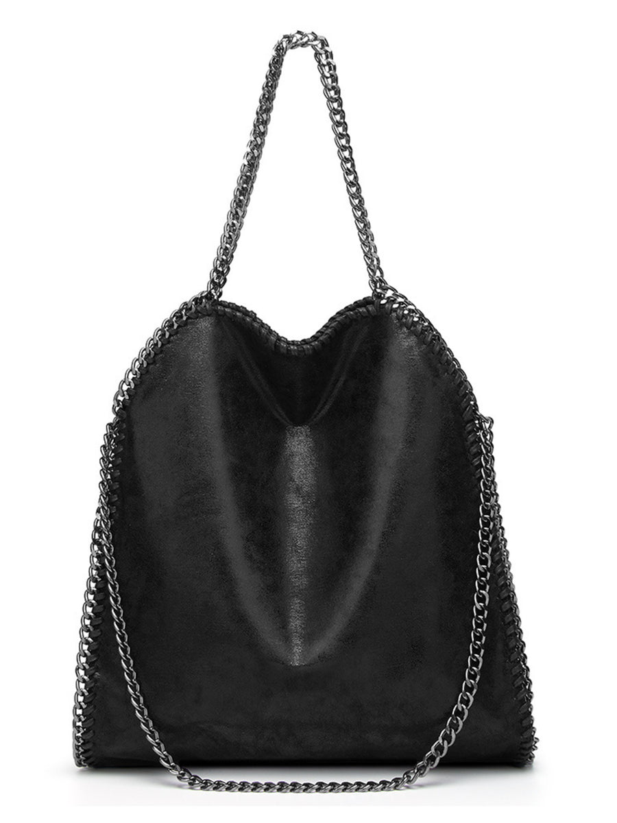 Chain-Trimmed PU Leather Shoulder Bag in Black