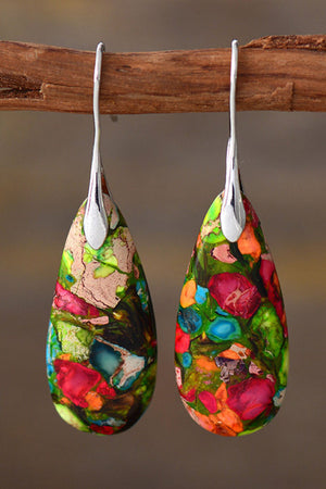 Teardrop jasper drop earrings in multi-color with silver hooks.