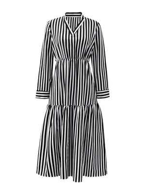 Notched long-sleeve midi dress in black and white stripes with a tiered skirt.