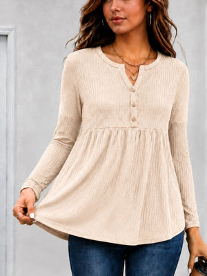 peplum top in olive green with waffle-knit and hip-length