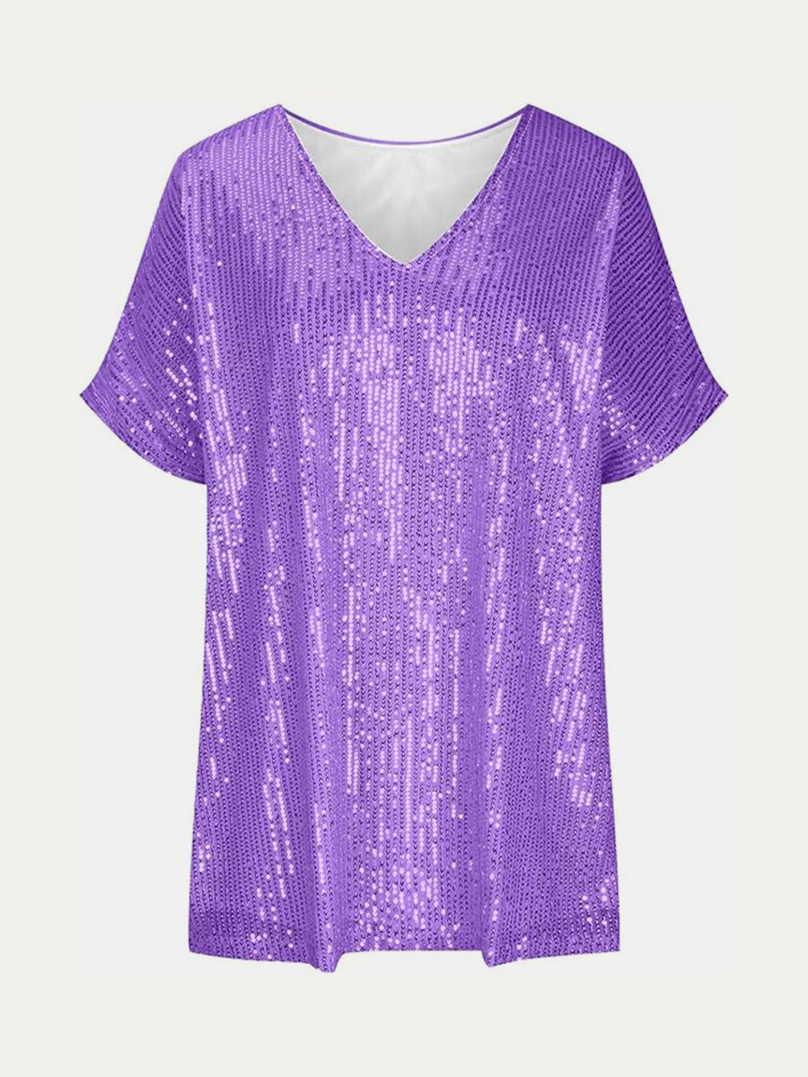 Purple sequin slouchy V-neck top with short sleeves