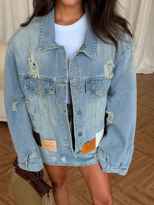 Light Blue denim set with hip-length jacket, mini and button-front, zip fly