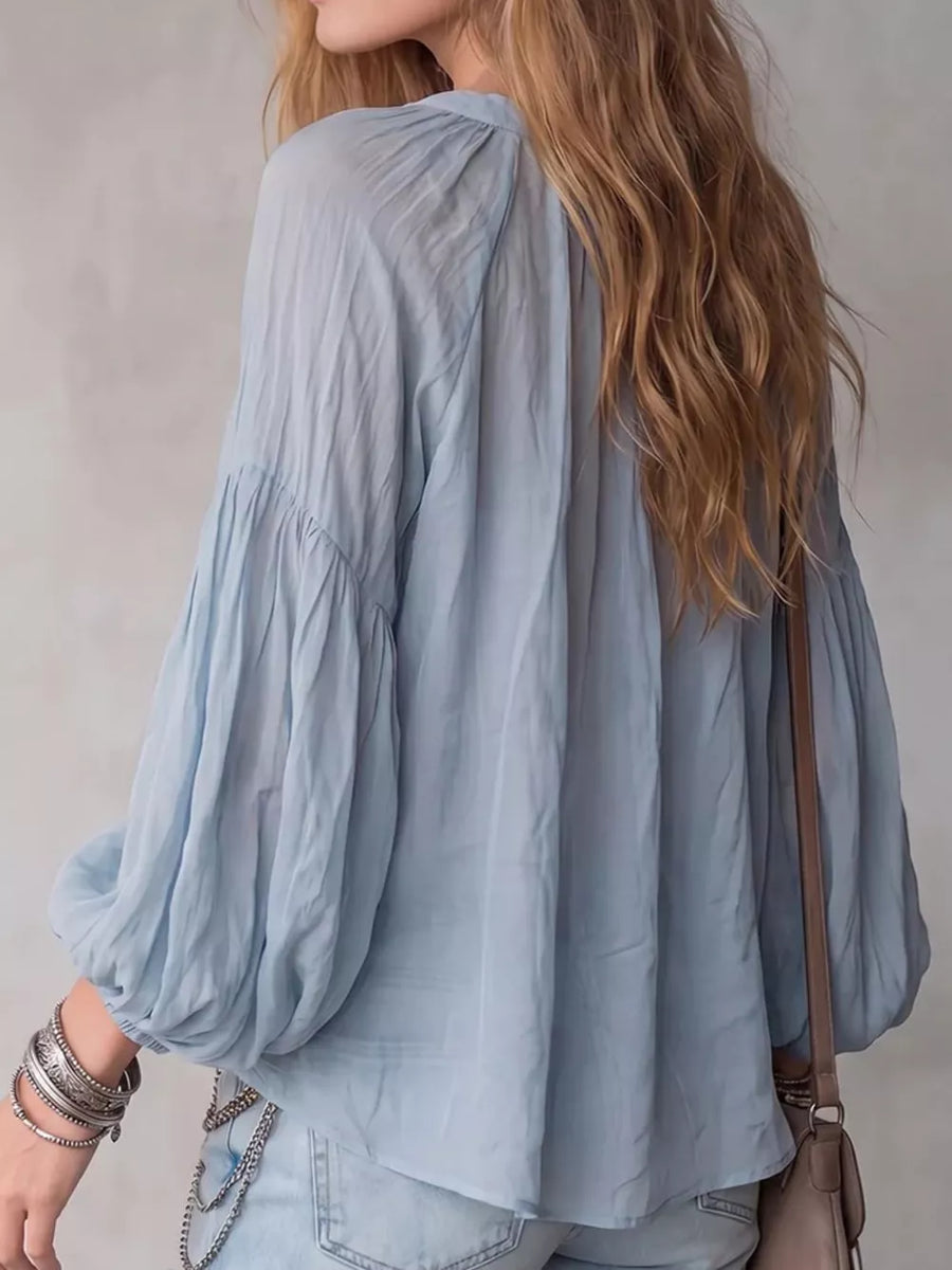 Pink Notched Balloon Sleeve Blouse