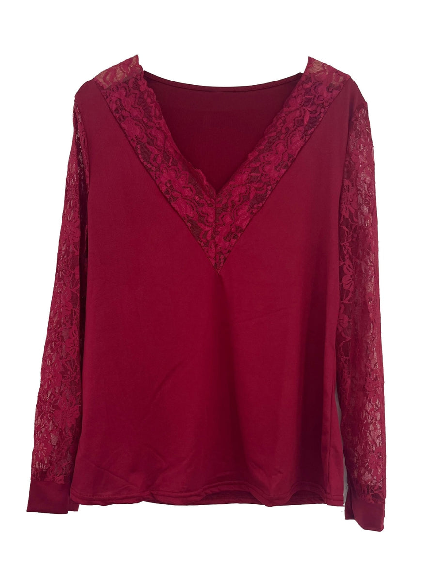 Burgundy V-neck blouse with lace inset neckline and long lace sleeves
