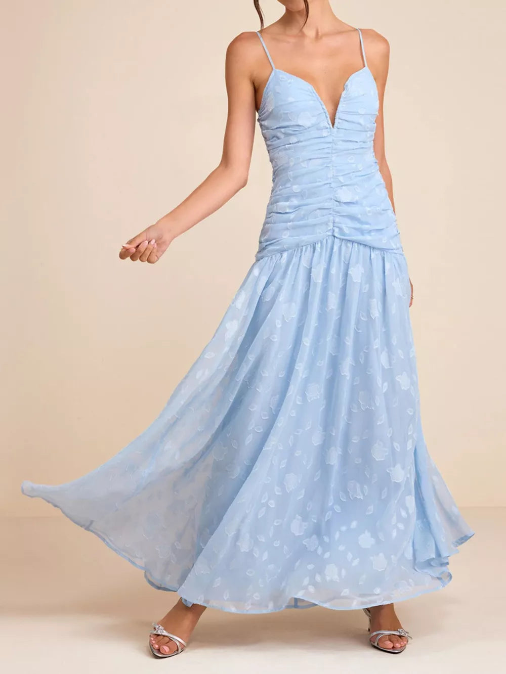 Light Blue maxi dress featuring tiered and floral