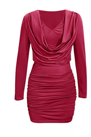 Ruched Cowl Neck Long Sleeve Mini Dress, view 19