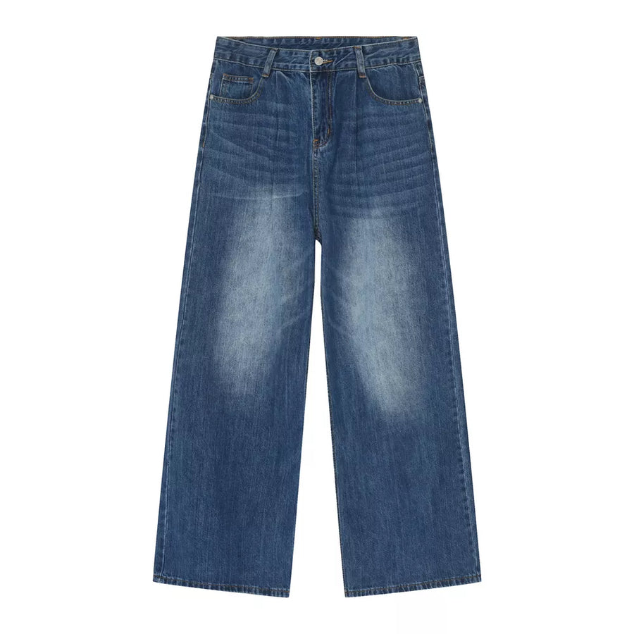 Men's wide leg denim jeans in blue wash cotton with a relaxed fit.