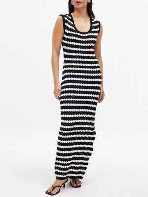 Striped knit midi dress with scoop neck and side slit