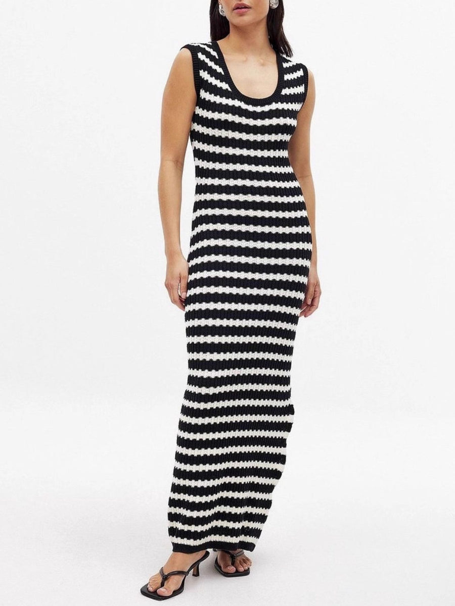 Striped knit midi dress with scoop neck and side slit