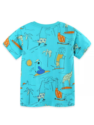Aqua cotton t-shirt with playful cartoon animals surfing and skateboarding print.