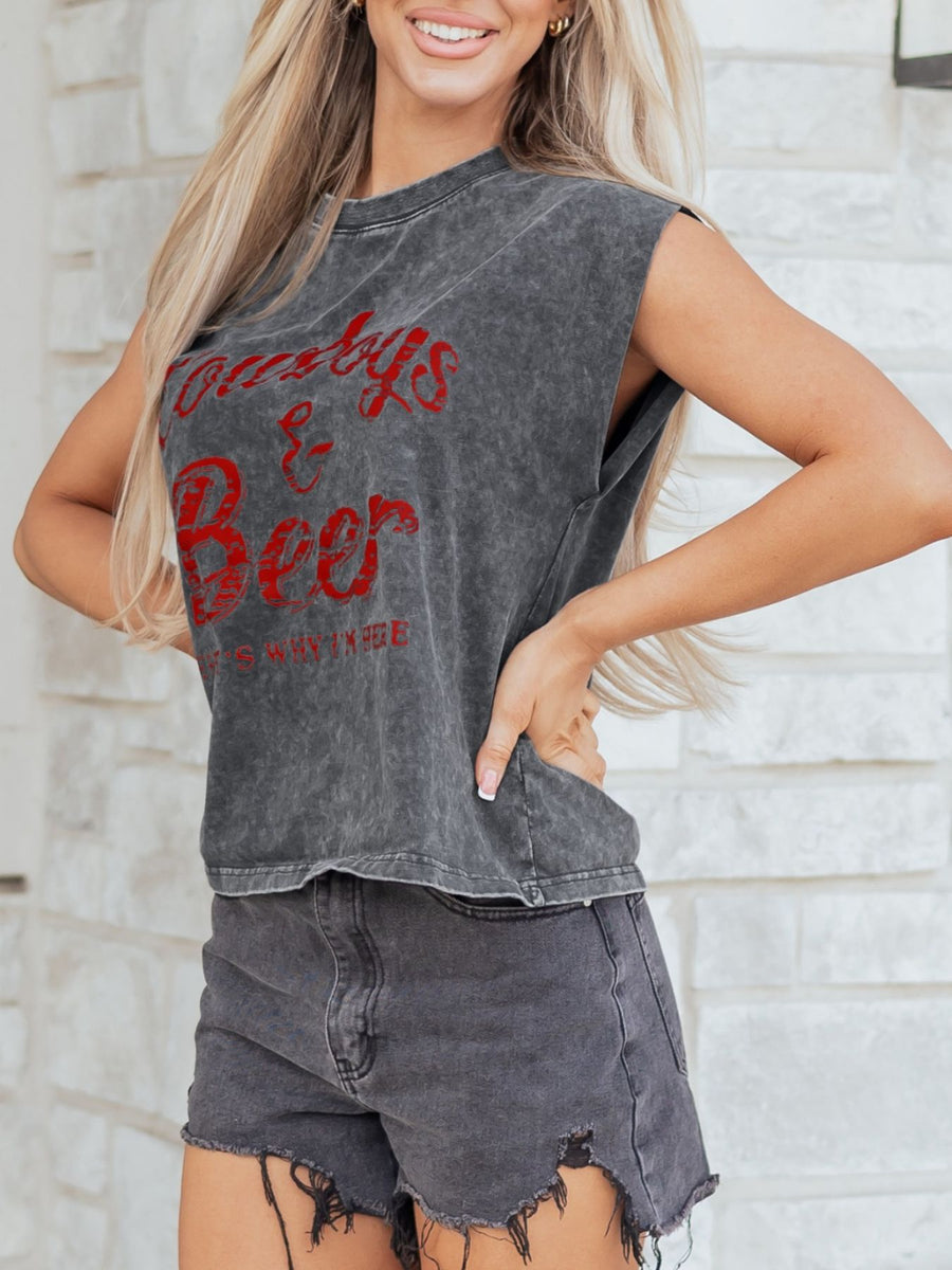 Acid-washed dark gray cotton graphic tank top with red Cowboys & Beer text.