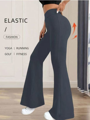 Gray high waist flare pants with elastic waistband, cotton blend, perfect for yoga and casual wear.