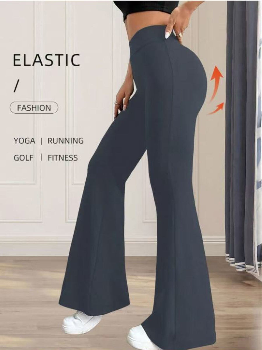 Gray high waist flare pants with elastic waistband, cotton blend, perfect for yoga and casual wear.