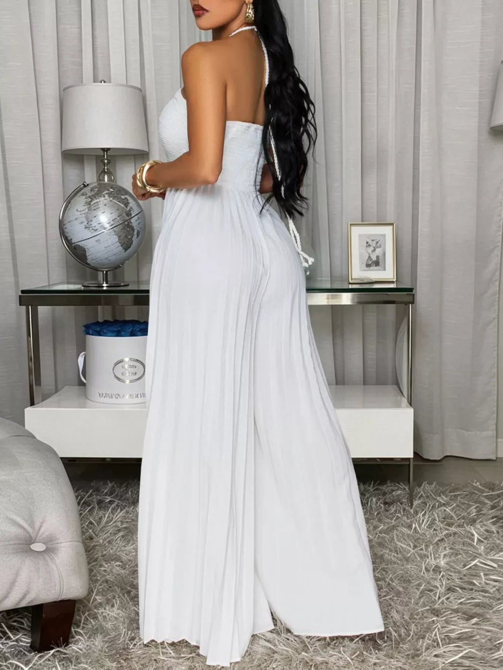 White jumpsuit with tie and pleated