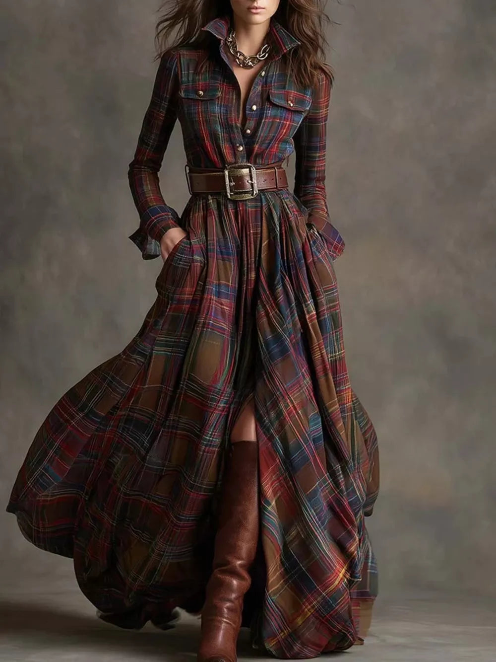 brown shirt dress with plaid and collared