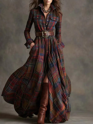 brown shirt dress with plaid and collared