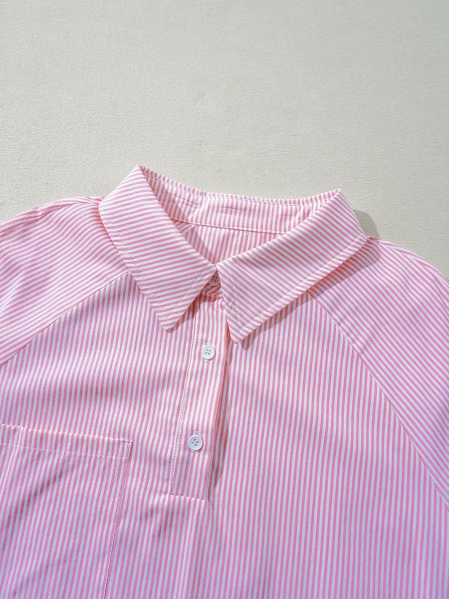 Pink striped polo shirt with white buttons and a chest pocket.