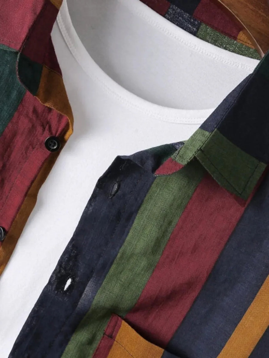 Colorblock stripe linen button-down shirt with a white tee underneath.