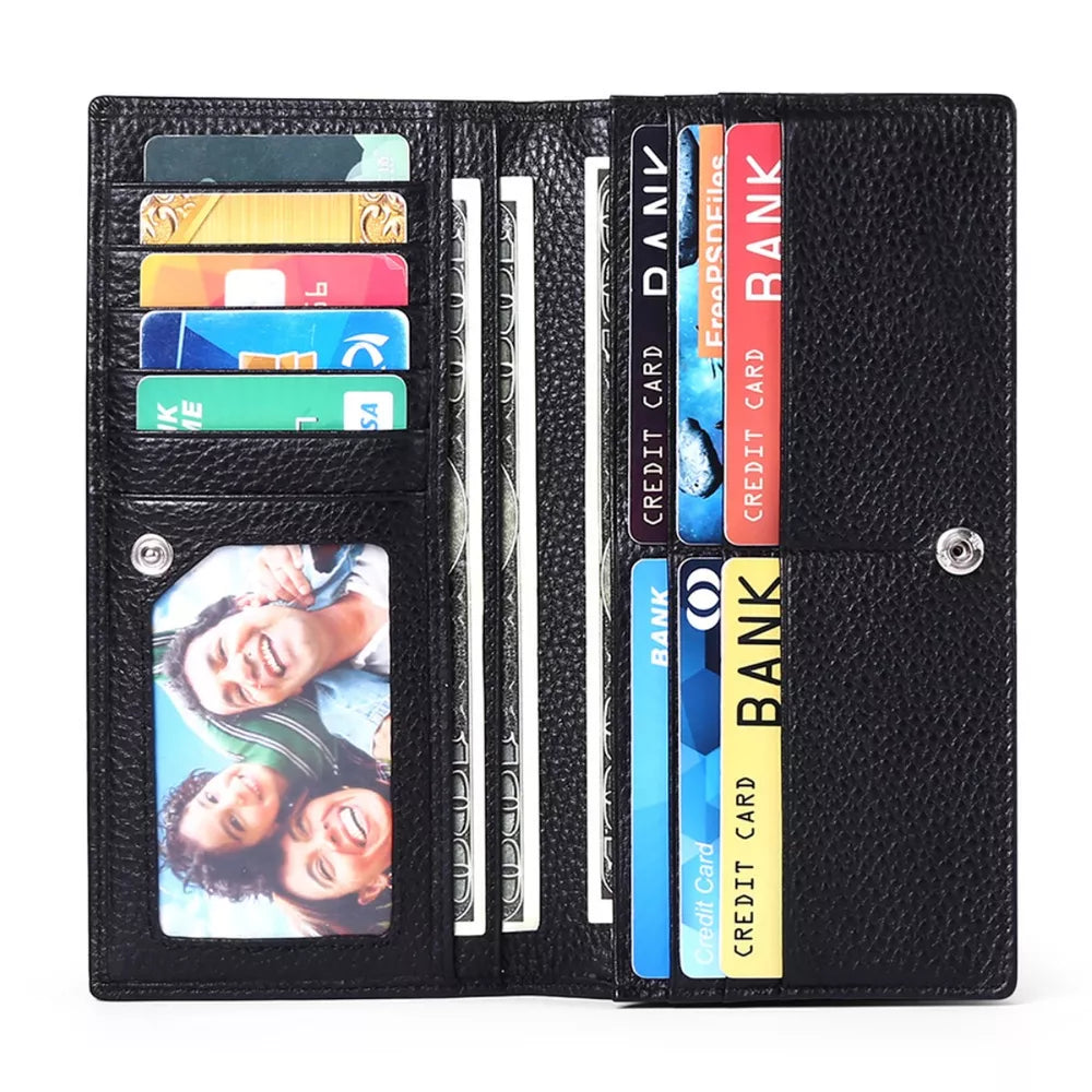 Black pebbled leather long wallet with multiple card slots and photo window