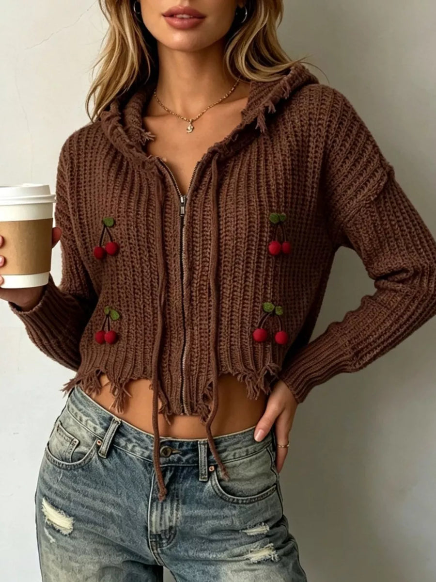 Cherry Knit Zip-up Hooded Sweater in Black