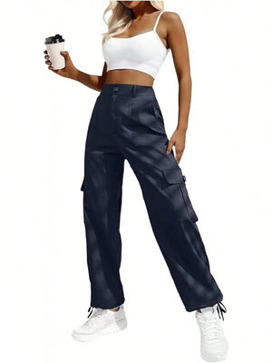 High-Waisted Cargo Pants With Drawstring Cuffs in Black with pocketed
