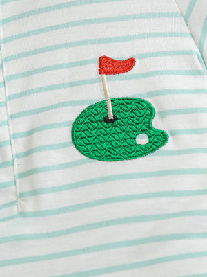 Baby bodysuit with mint green stripes and a golf applique.