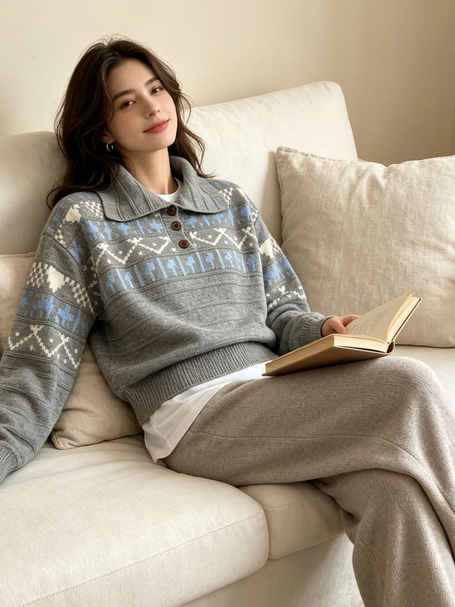 light blue polo sweater featuring buttoned and Fair Isle