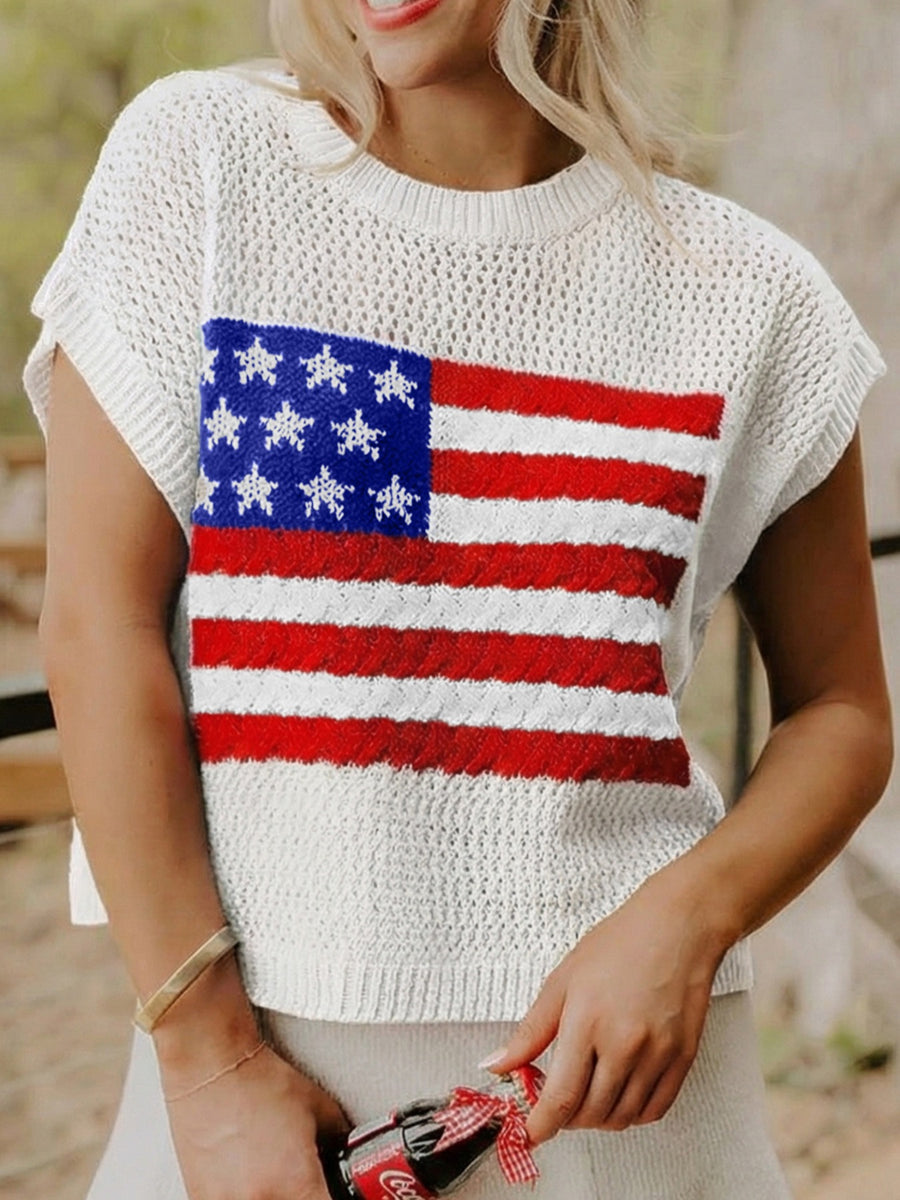 White knit short-sleeve top with American flag graphic and red & white stripes