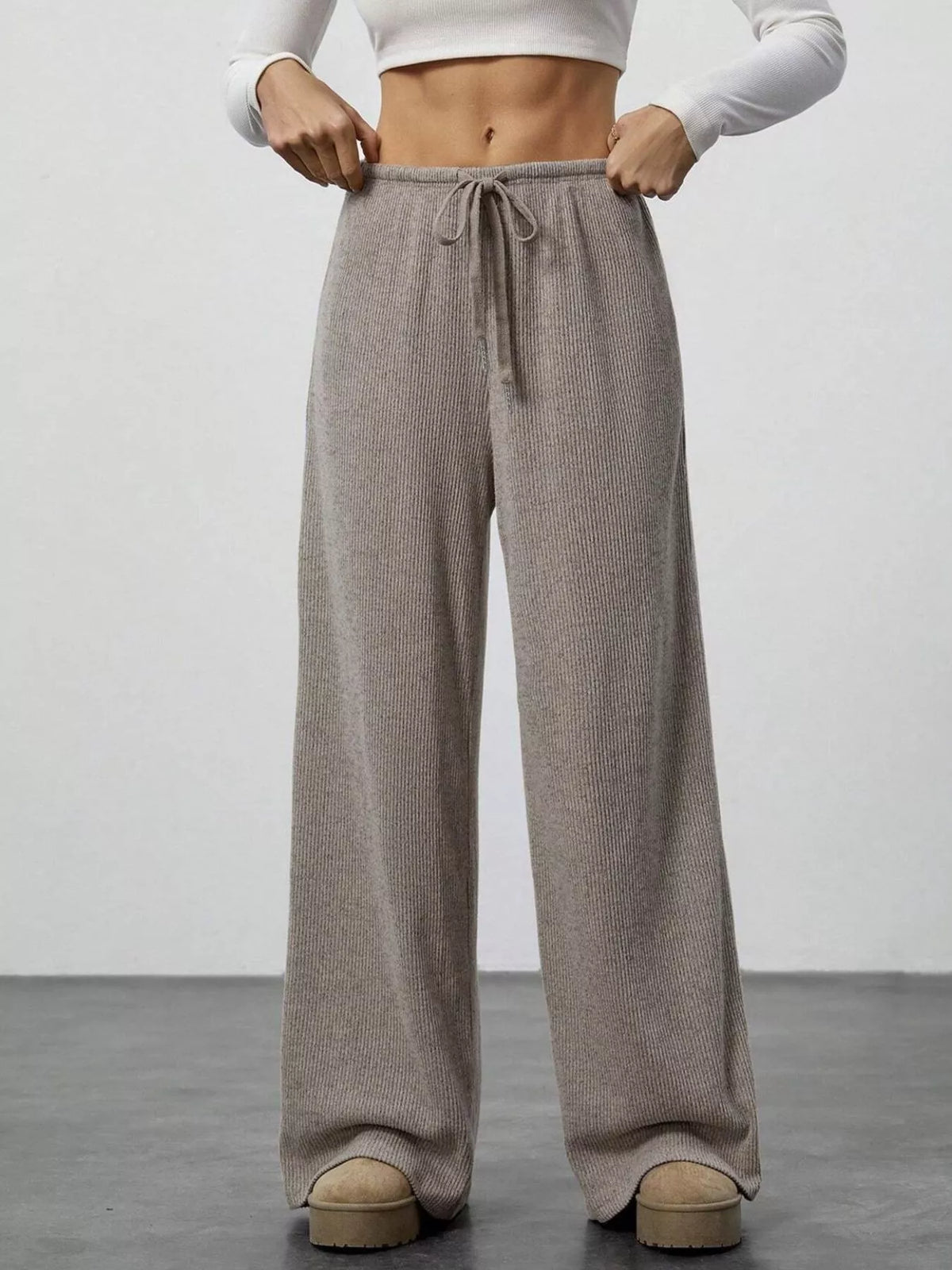 Mocha ribbed wide-leg pants with drawstring waist and relaxed fit