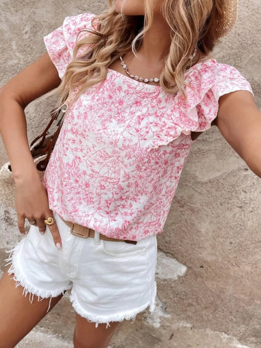 Pink floral ruffle blouse with square neckline and short sleeves