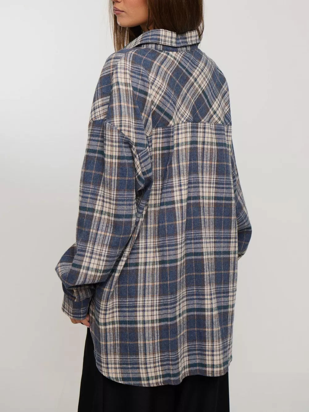 Plaid button-down shirt with tunic-length and button-front