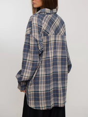 Plaid button-down shirt with tunic-length and button-front