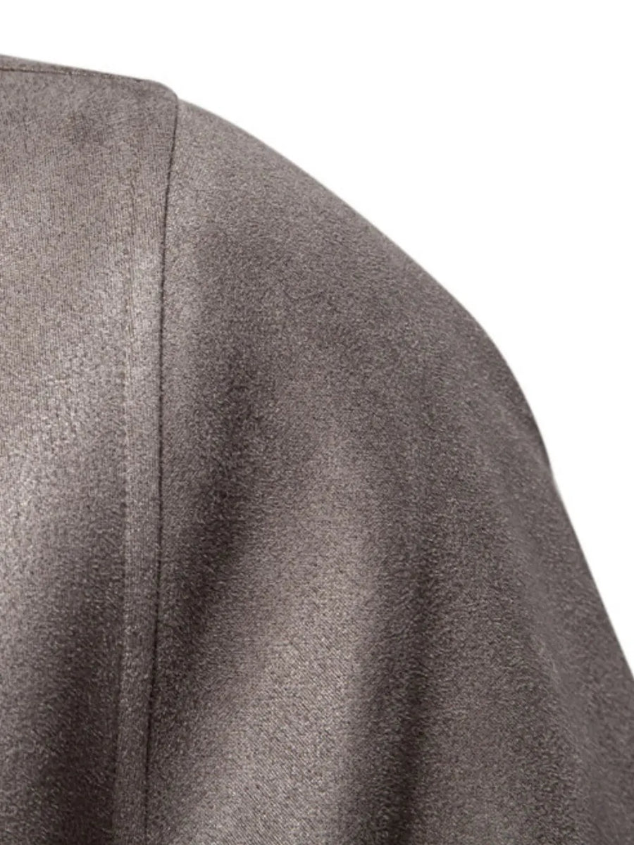 Dark Gray suede-effect bomber jacket detail showing shoulder seam and textured fabric.