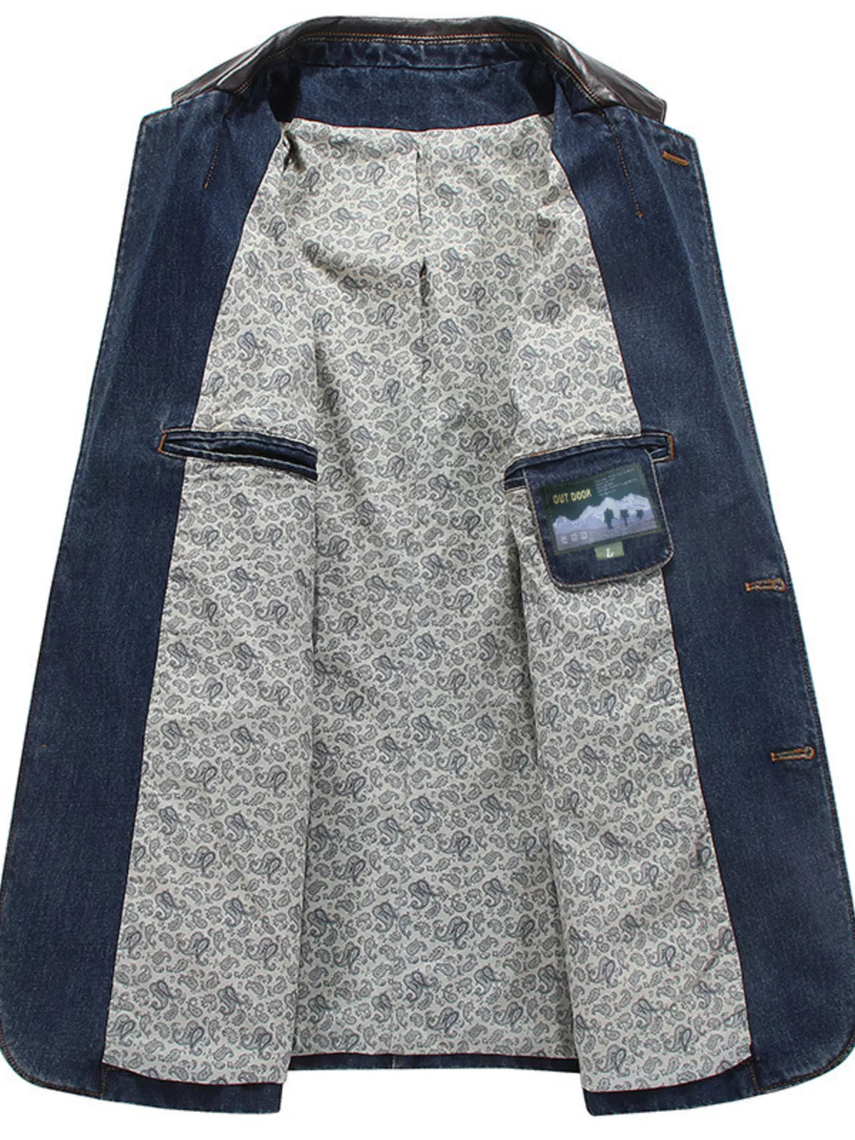 Denim blue blazer with paisley lining and leather collar. Features button-up front and interior pockets.